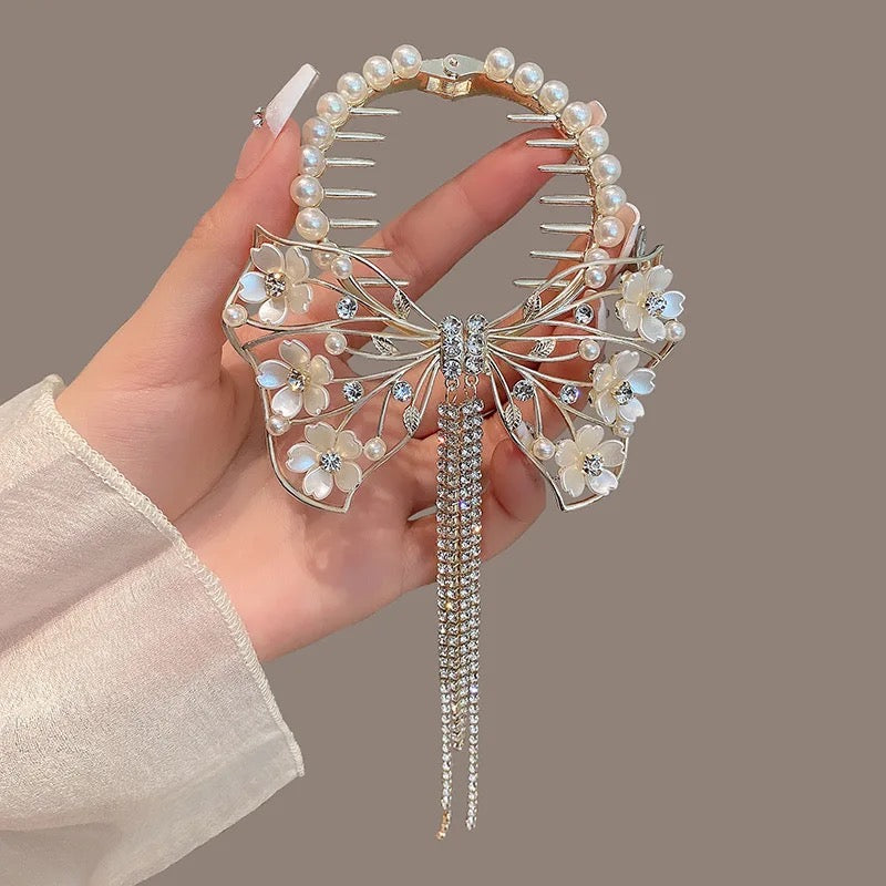 Flower & Faux Pearl Decor Chain Tassel Charm Exquisite Hair Clip