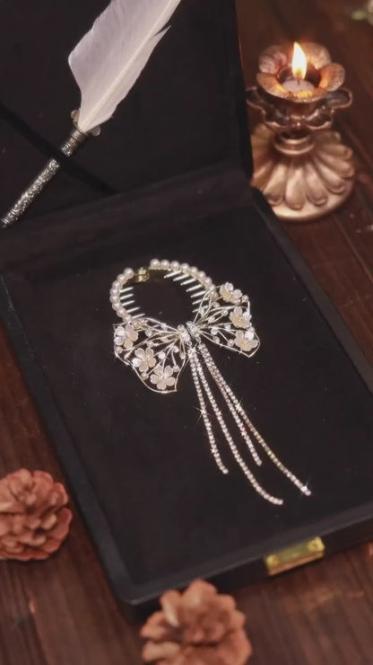 Flower & Faux Pearl Decor Chain Tassel Charm Exquisite Hair Clip