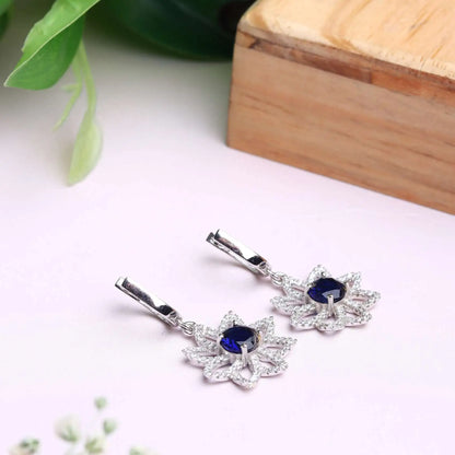Silver Royal Blue Earrings Embellished with Rhinestones