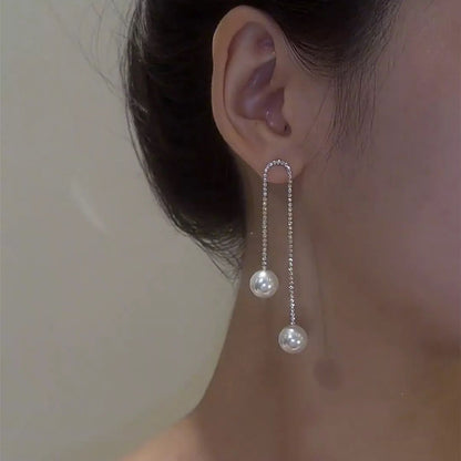 Gold Electroplated Rhinestone Studded Pearl Drop Tassel Earings