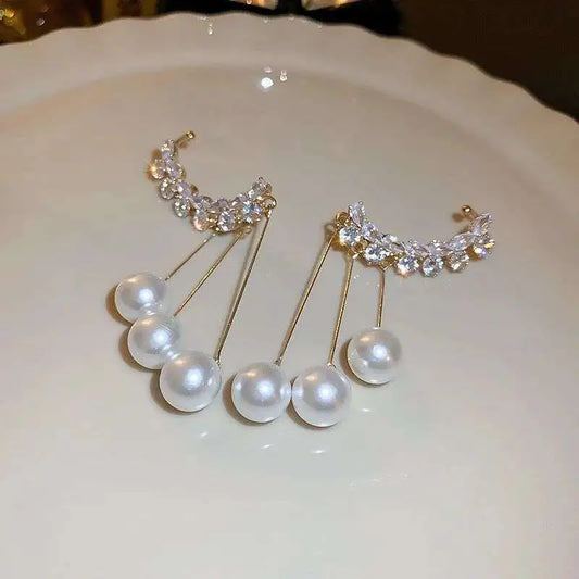 Zircon Studded Dangler Pearl Earbone Clip Drop Earrings