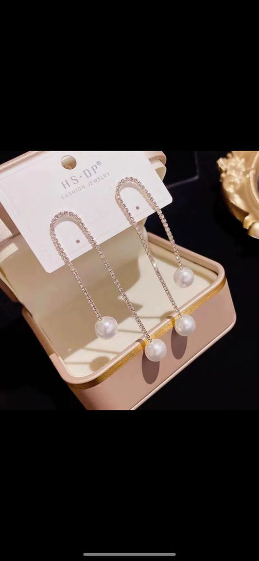 Gold Electroplated Rhinestone Studded Pearl Drop Tassel Earrings