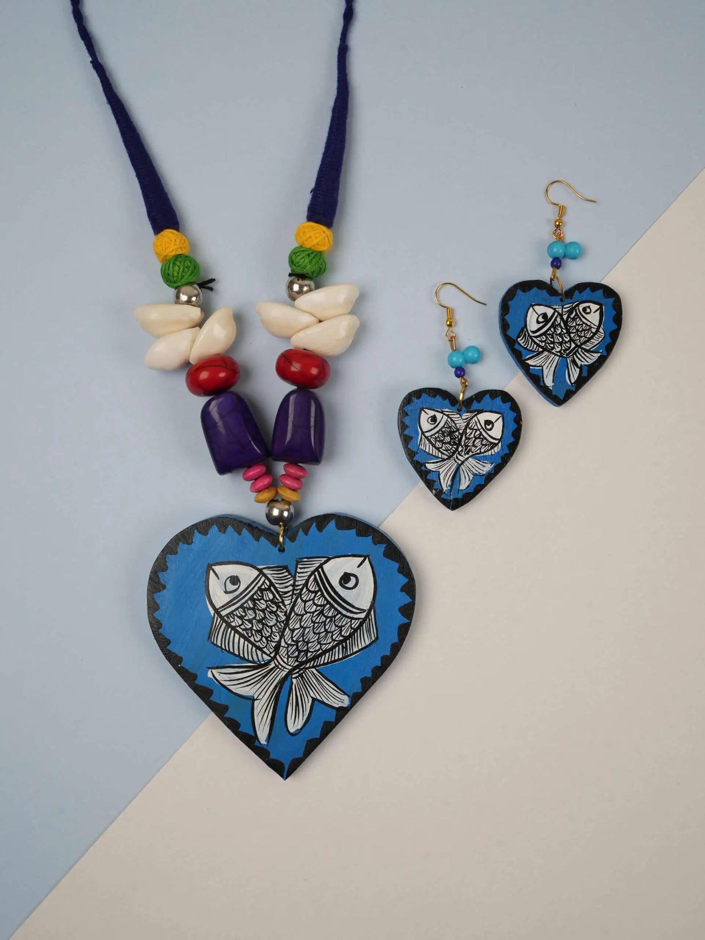 Heart Fish Wooden Handmade Nacklace With Earrings