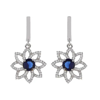 Silver Royal Blue Earrings Embellished with Rhinestones