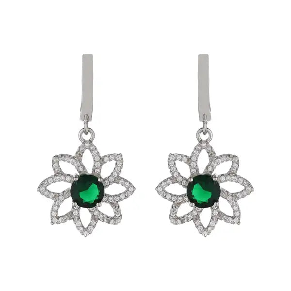 Silver Emerald Green Earrings Embellished with Rhinestones