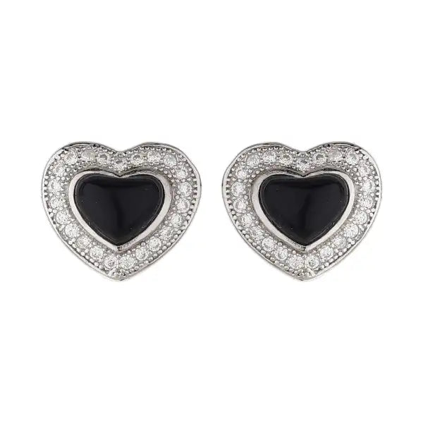 Silver Black Heart Studded Earrings