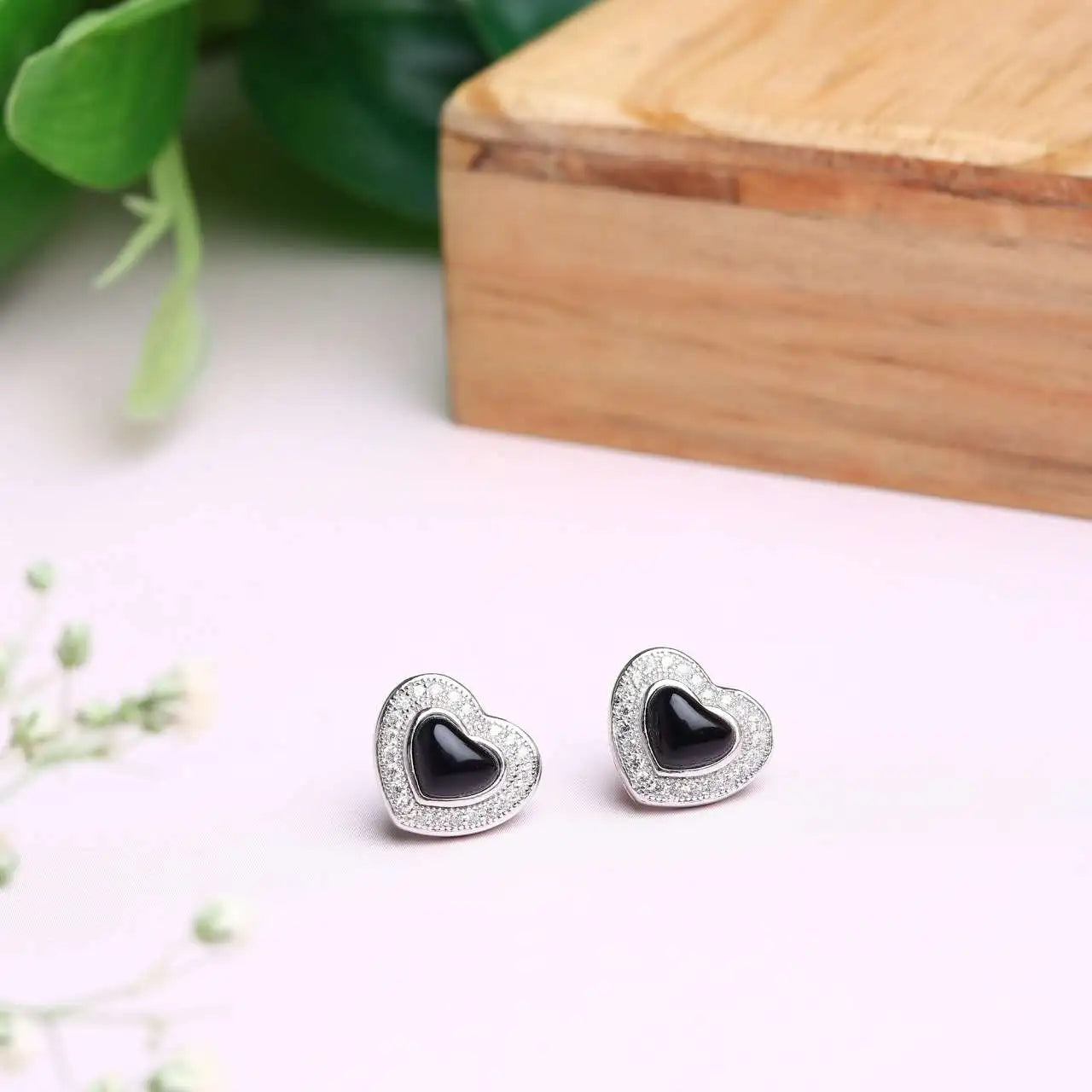 Silver Black Heart Studded Earrings